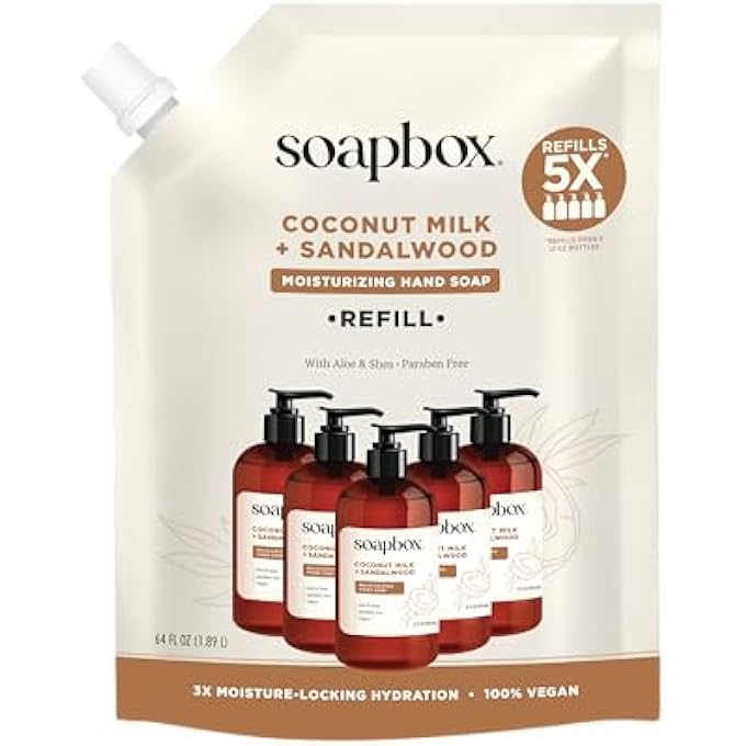Soapbox LIQUID HAND SOAP REFILL, COCONUT MILK & SANDALWOOD | VEGAN, PARABEN FREE, MOISTURIZING, NATURAL HAND WASH REFILL FOR KITCHEN AND BATHROOM, 64OZ HALF GALLON REFILL (PACK OF 1) - Image 1